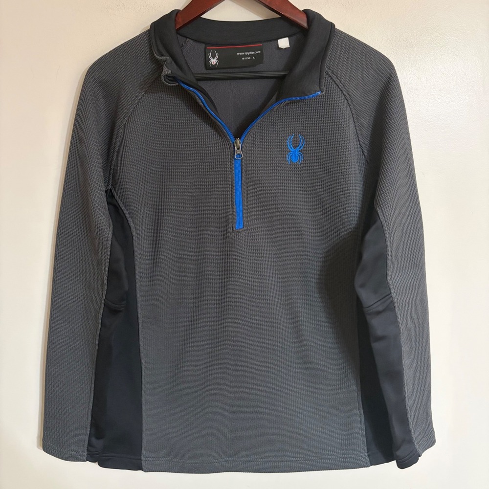 Spyder Mens Quarter Zip Pullover Charcoal Grey Waffle Knit Fleece L Blue Logo